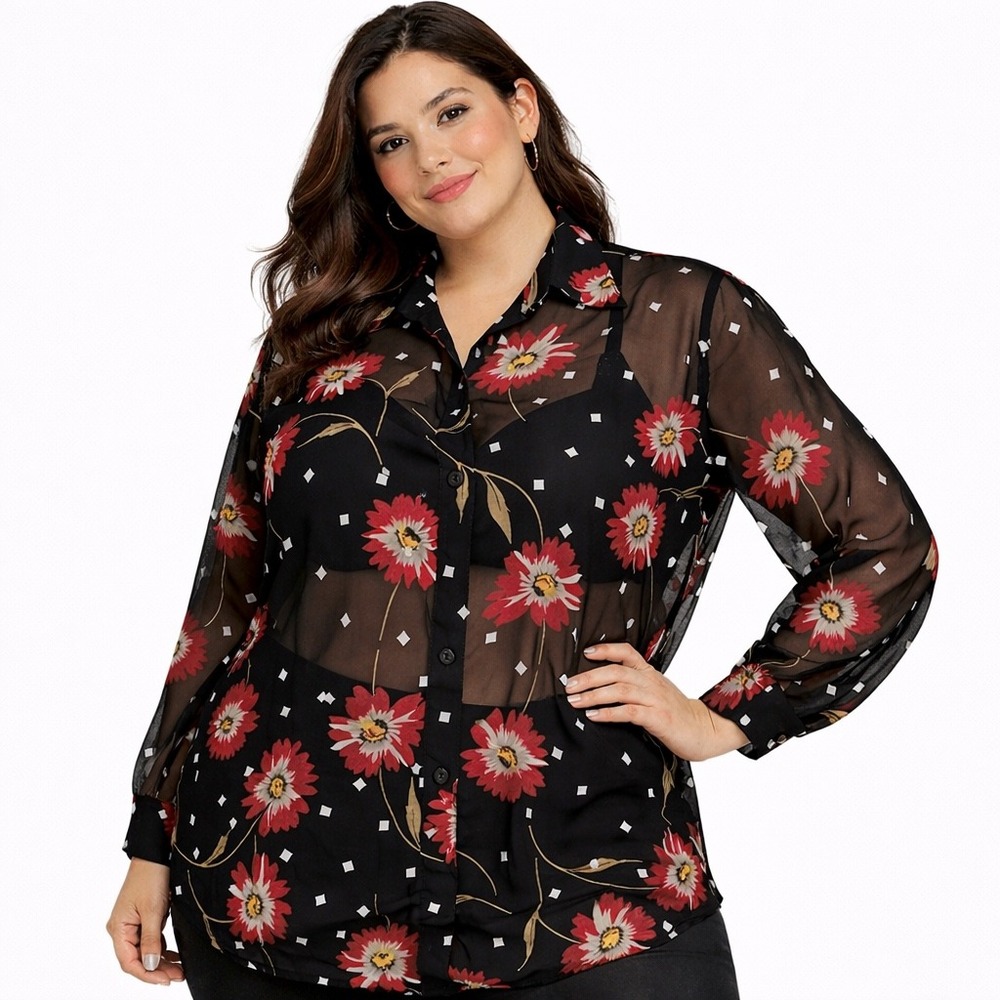 VTG Fleurs Womens Top Plus 3X Black Red Floral Sheer Button Up Layer Comfort Y2K